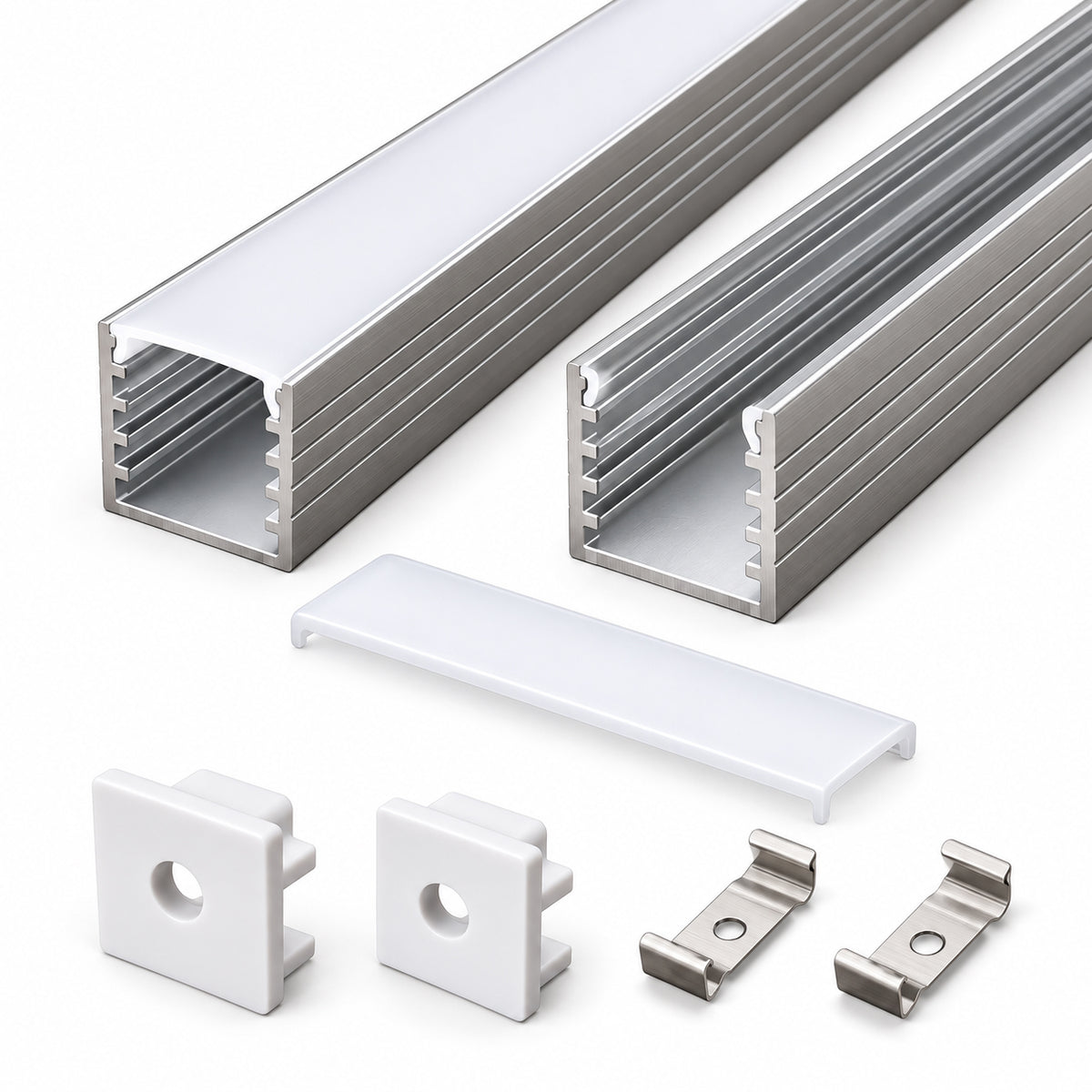 Silver 524-B 14.5 × 14.5mm LED Aluminum Channel, 12.9mm Inner Width, with Milky White Cover & Installation Accessories