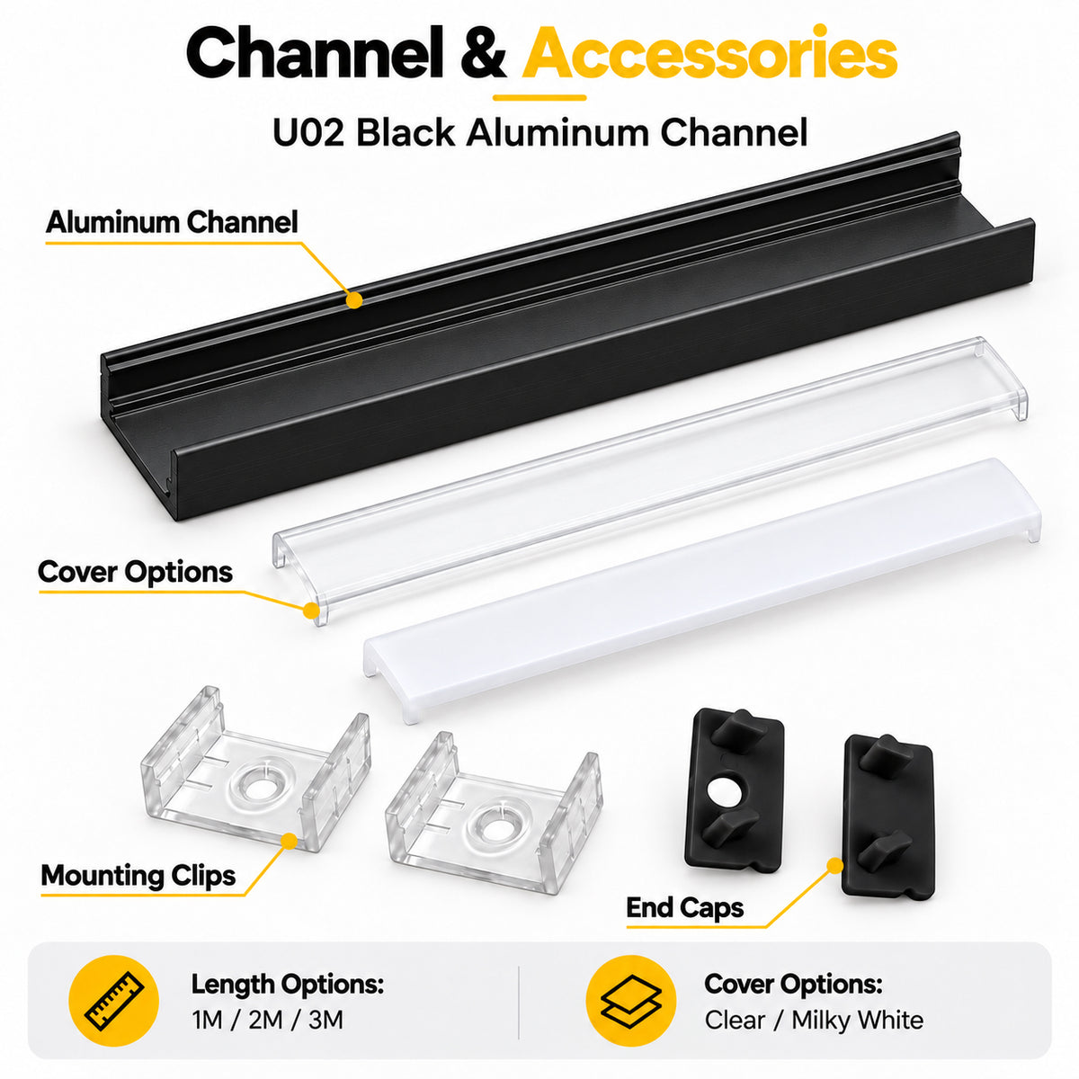 Black U02 9x17mm U-Shape LED Aluminum Channel, 12mm Inner Width, with Cover, End Caps & Mounting Clips