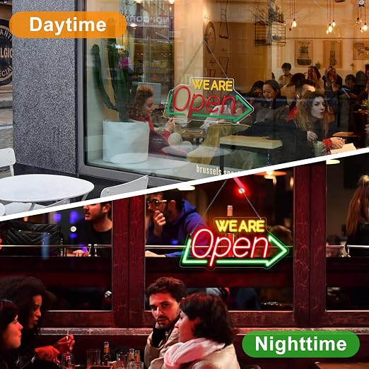 WE ARE OPEN Integrated LED shop signs – USB Powered | 16.1×7.8 inch | Arrow Shape LED Window Sign | Yellow + Red + Green Glow for Cafes, Restaurants & Retail Shops
