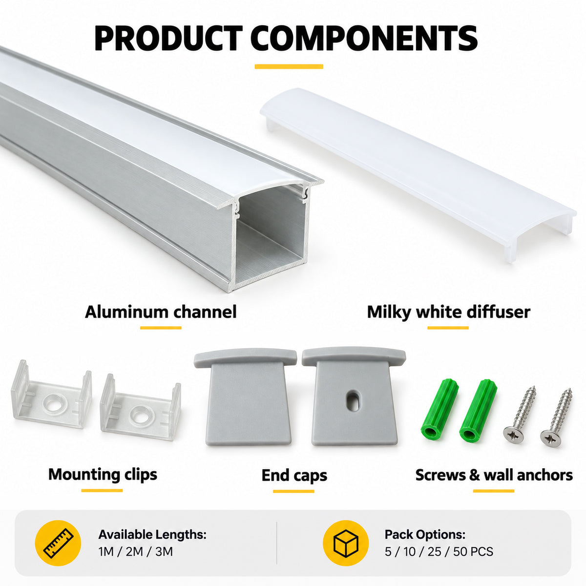 Silver U05 36x24mm U-Shape LED Aluminum Channel, 20mm Inner Width, with Cover, End Caps & Mounting Clips for Spot-Free LED Strip Lighting