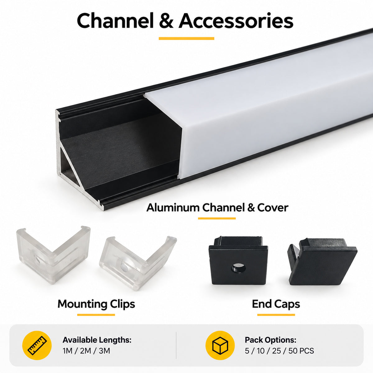 Black V01 16x16mm V-Shape Corner-Mount LED Aluminum Channel, 12mm Inner Width, with Cover, End Caps & Mounting Clips