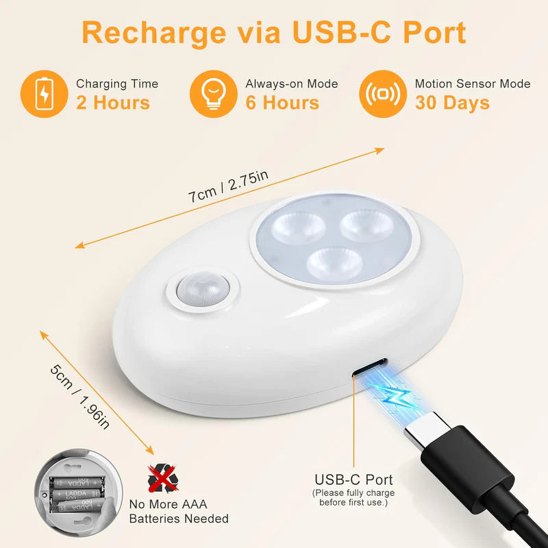 LightingWill Rechargeable Pebble LED Closet Light 4/6 Pack 3 LEDs, 3 Color Modes 3000K / 4000K / 6000K Motion Sensor Dimmable Cabinet Light, Tap Switch, White Finish, Magnetic Mounting