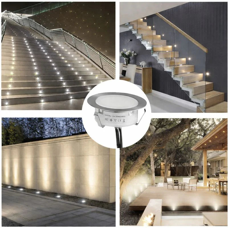 6-Pack Recessed LED Deck Lights – 1.5W Each | Warm White / Natural White | AC100–265V Input with Power Adapter | US / EU / UK / AU Plug Options | IP67 Waterproof Inground Step Lights Kit for Deck, Garden, Yard, Stairs & Pathway Lighting