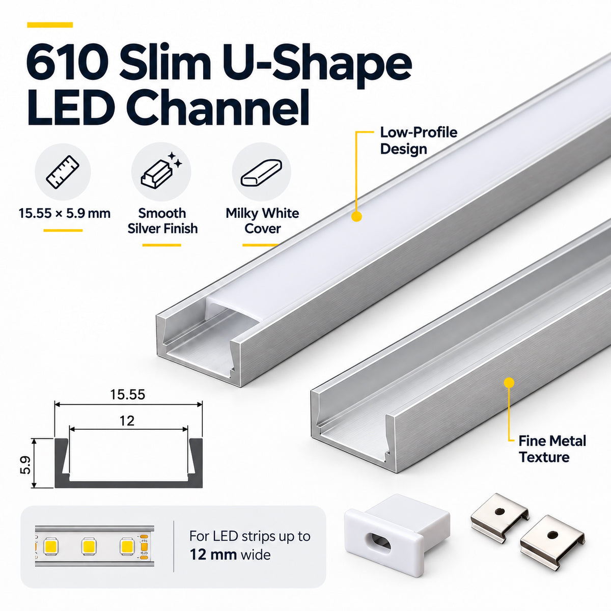 Silver 610-B 15.5 × 5.9mm LED Aluminum Channel, 12mm Inner Width, with Milky White Cover & Installation Accessories