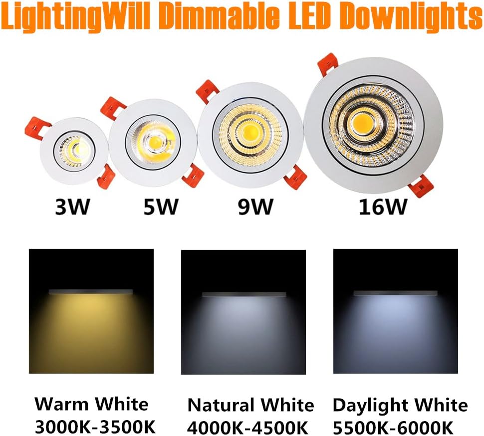 LightingWill 2inch LED Dimmable Downlight, 5W COB Recessed Ceiling Light, Natulre White 3000K-3500K, CRI80, 25W Halogen Bulbs Equivalent (2Pack)