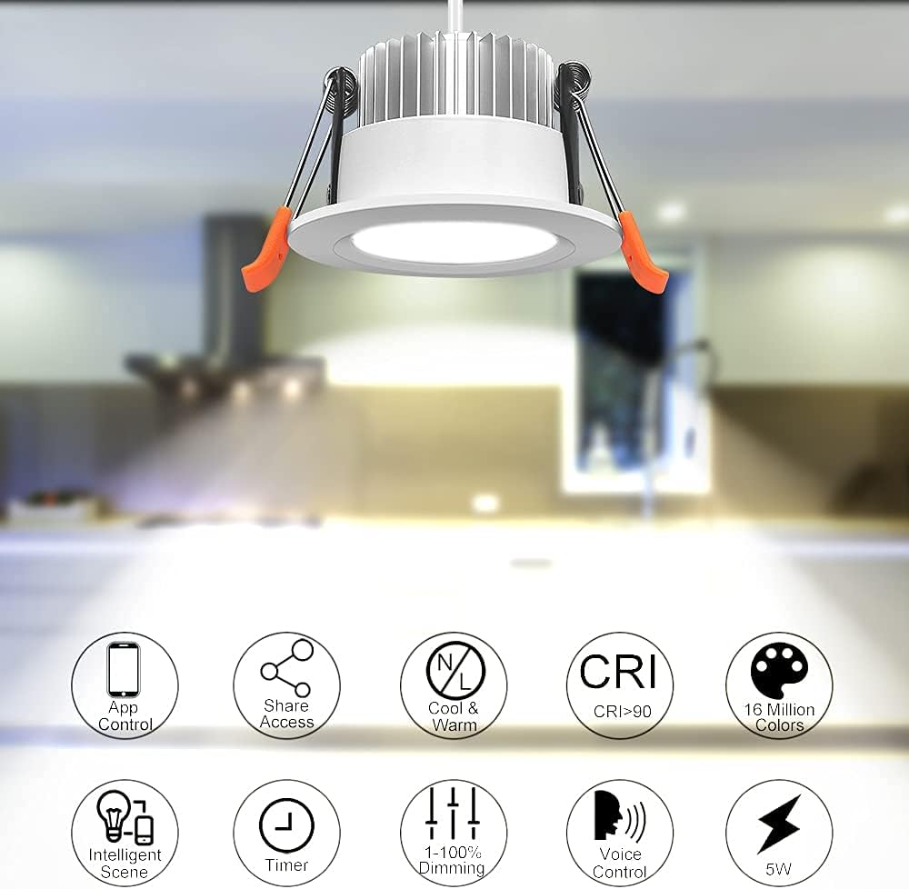 LightingWill 2 Inch LED Recessed Lighting, Smart WiFi LED Downlight, 5W LED Ceiling Light Compatible with Alexa/Google Assistant, Dimmable RGB & 2700K-6500K, 120V with LED Driver (4 Pack)