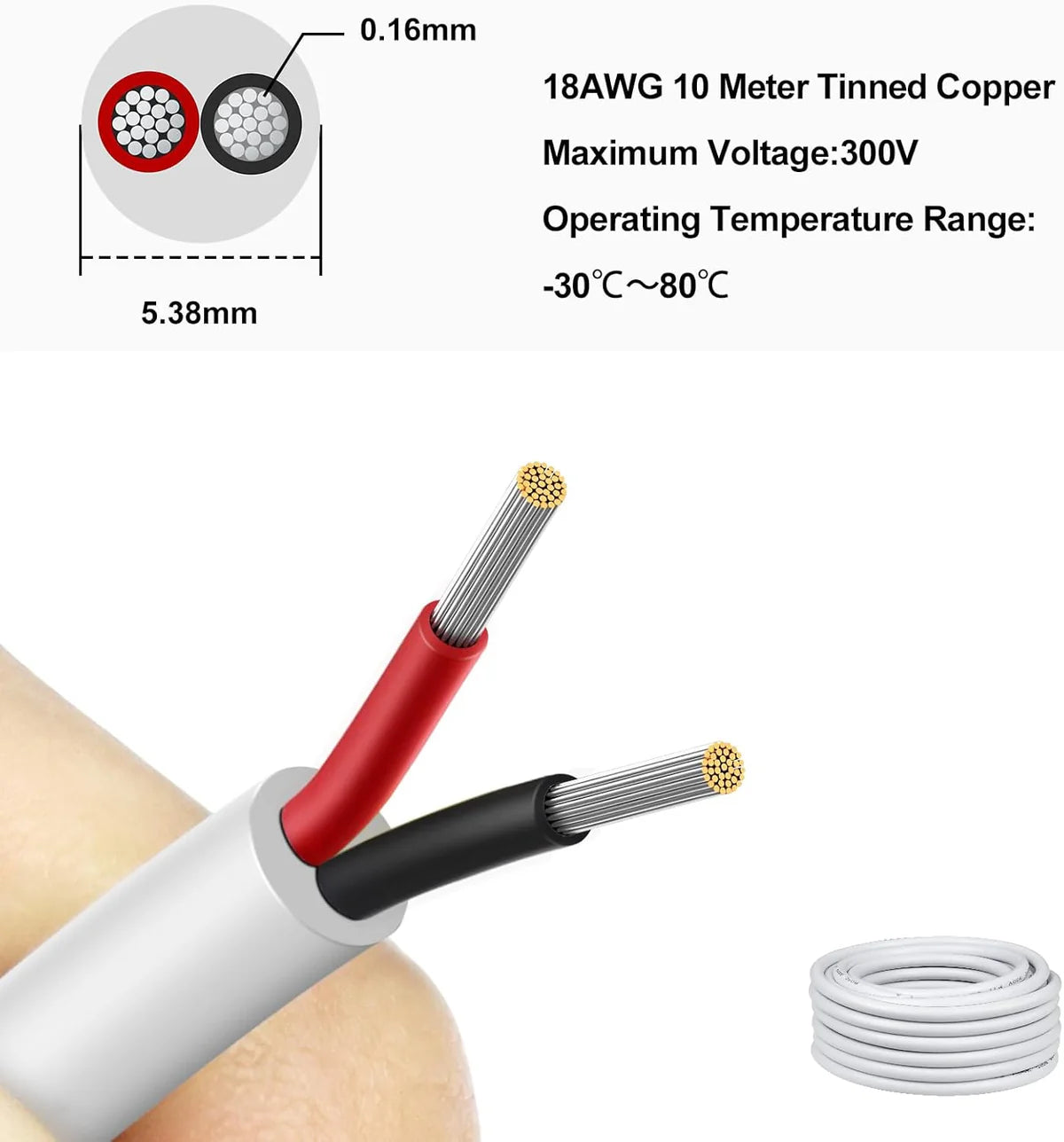 18 AWG 2/3/4/5 Conductor Black/White PVC Insulated Copper Cable – Multi-Core Flexible Wire for LED Installation – 10m (33ft)