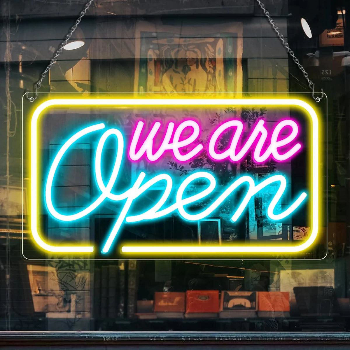 We Are Open Neon Sign – 5 Glow Color Options | 24×12.5 inch (60×32 cm) | Window Hanging | Plug & Play for Storefronts