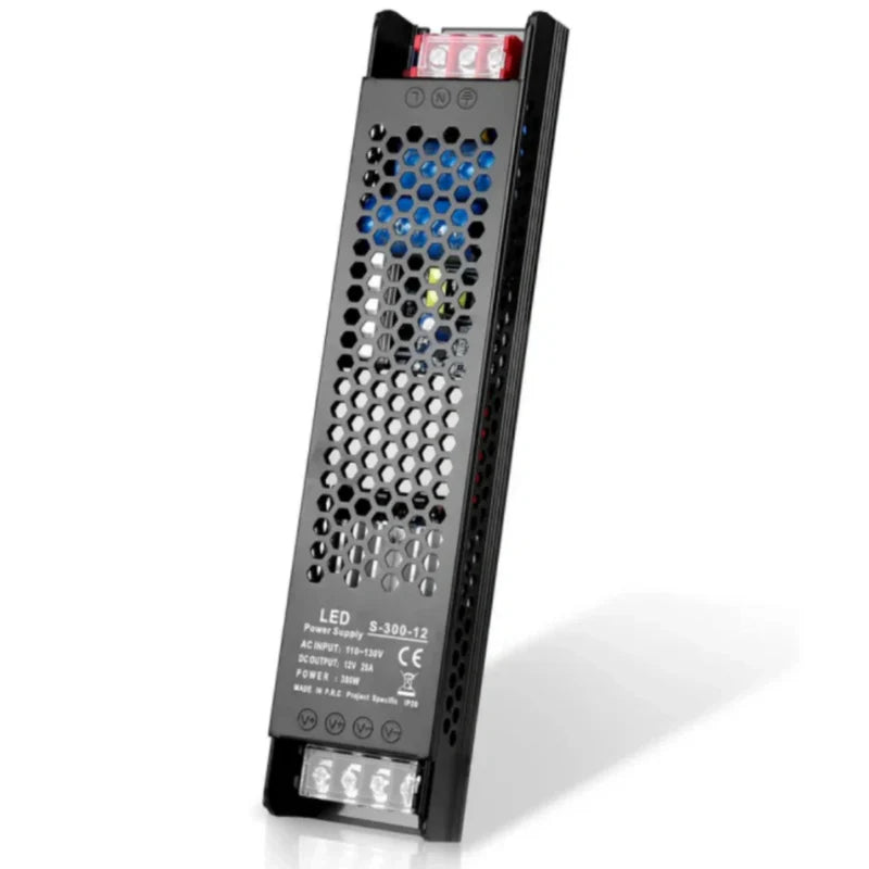 Slim Black DC 12V/24V 300W–400W Switching Power Supply, AC 110–130V/175–250V Input, LED Driver Transformer with Built-in Cooling Fan, CE/FCC/RoHS Certified