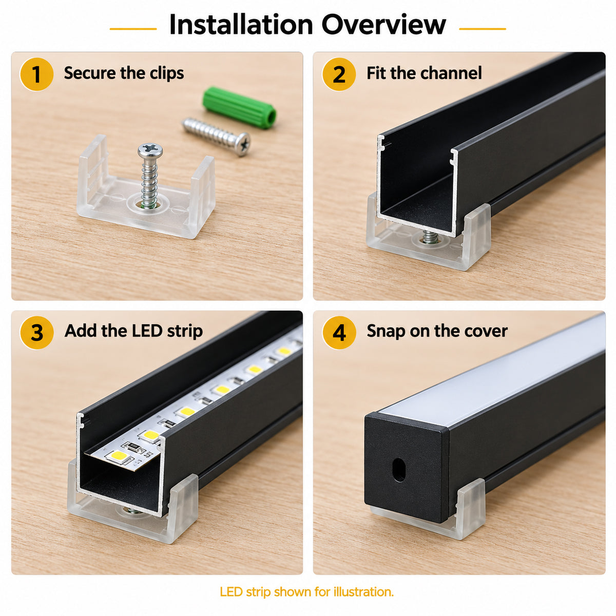 Black U06 24x24mm U Shape LED Aluminum Channel, 20mm Inner Width, with Cover, End Caps and Mounting Clips for LED Strip Light Spot Free Installations