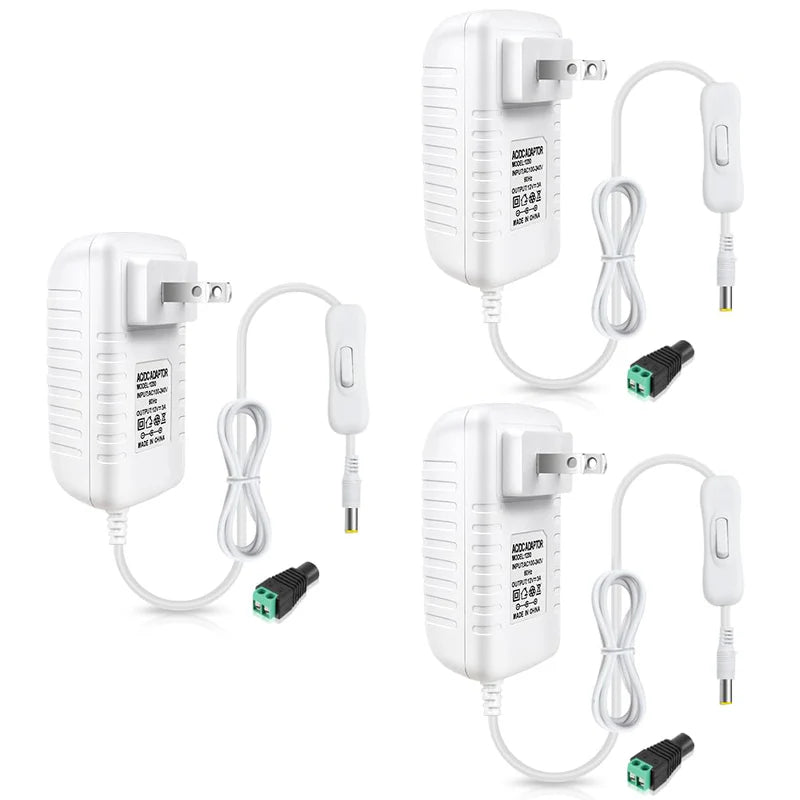 Power Supply Adapter DC 12V with On/Off Switch, 12W–36W Options, AC 100–240V Wall Plug Charger with US Plug, Black/White Housing for LED Strip Lights, Electronics