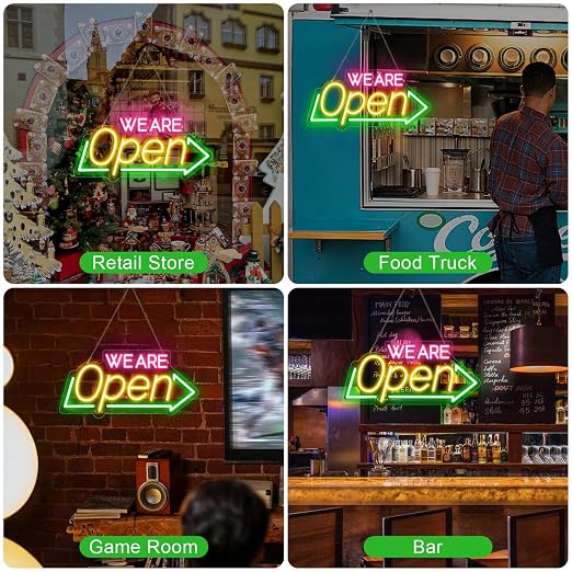 WE ARE OPEN Silicone LED shop signs – USB Powered | 16.1×7.8 inch | Arrow Shape LED Window Sign | Yellow + Red + Green Glow for Cafes, Restaurants & Retail Shops