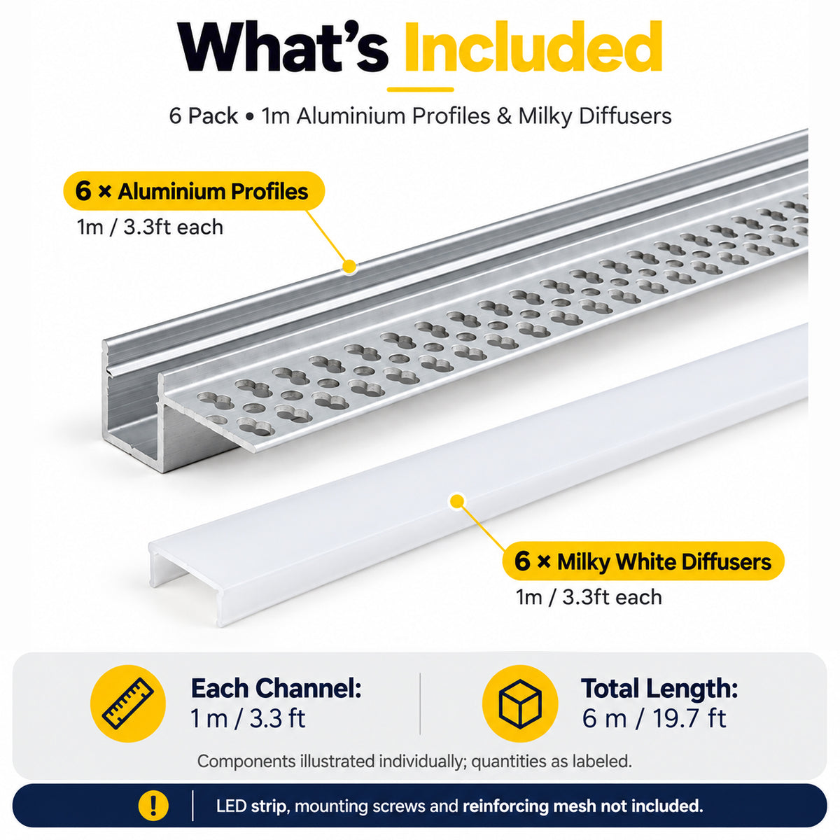 Silver 701 One-Sided LED Aluminum Channel for Plaster-In Drywall, Fits LED Strips Up to 12mm Wide, with Milky White Diffuser
