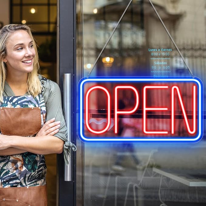 OPEN Silicone LED shop signs – USB Powered | 16×9 inch | Blue + Red Glow | LED Window Hanging Light for Cafes, Restaurants & Retail Shops
