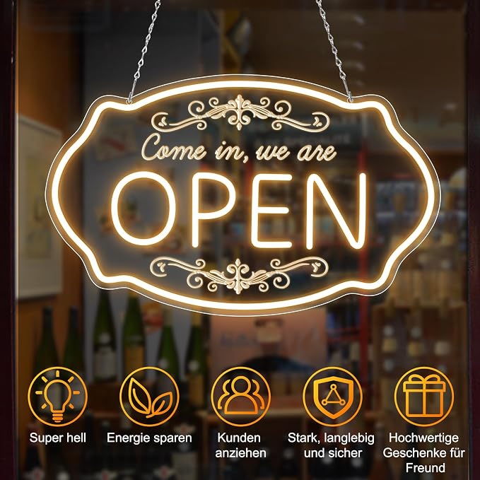 WE ARE OPEN COME IN LED Silicone LED shop signs – 16.5×10 Inch (42×25 cm) | 5V USB Powered Warm White Dimmable Light with Horizontal & Vertical Style for Cafes, Restaurants & Retail Shops