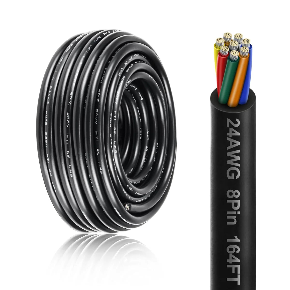 24 AWG 6/7/8 Conductor Black/White PVC Insulated Copper Cable – Multi-Core Control Cable Flexible Wire for LED & Low Voltage Systems – 5m (16.5ft)