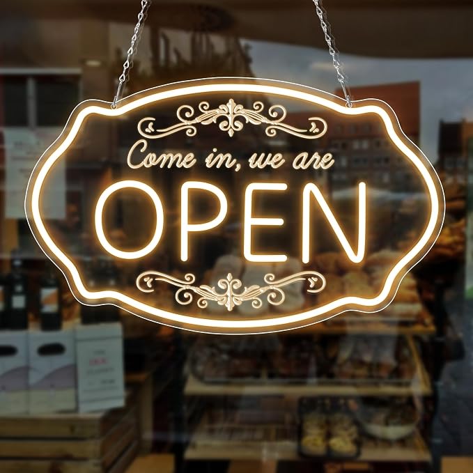WE ARE OPEN COME IN LED Silicone LED shop signs – 16.5×10 Inch (42×25 cm) | 5V USB Powered Warm White Dimmable Light with Horizontal & Vertical Style for Cafes, Restaurants & Retail Shops