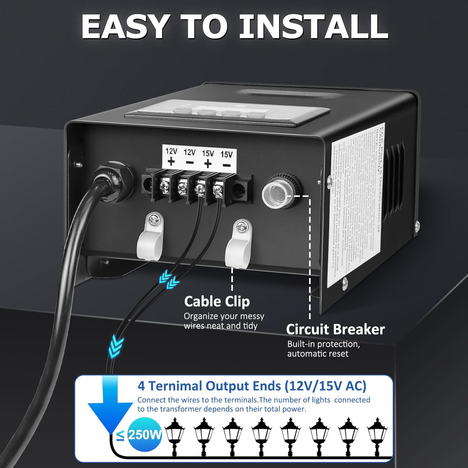 Low Voltage Landscape Lighting Transformer 200W / 250W – Outdoor Weatherproof 120V AC to 12V/15V AC Power Supply with Timer and Photocell for Garden, Yard and Pathway Lights