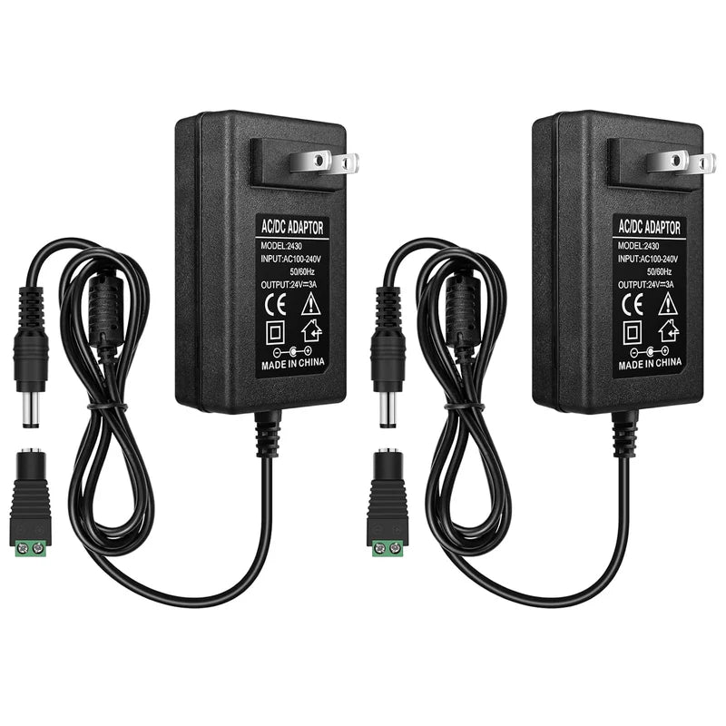 Power Supply Adapter DC 24V 48W–72W, AC 100–240V Switching Transformer LED Driver Wall Plug Charger with US Plug, Black Case for LED Strip Lights and Electronics