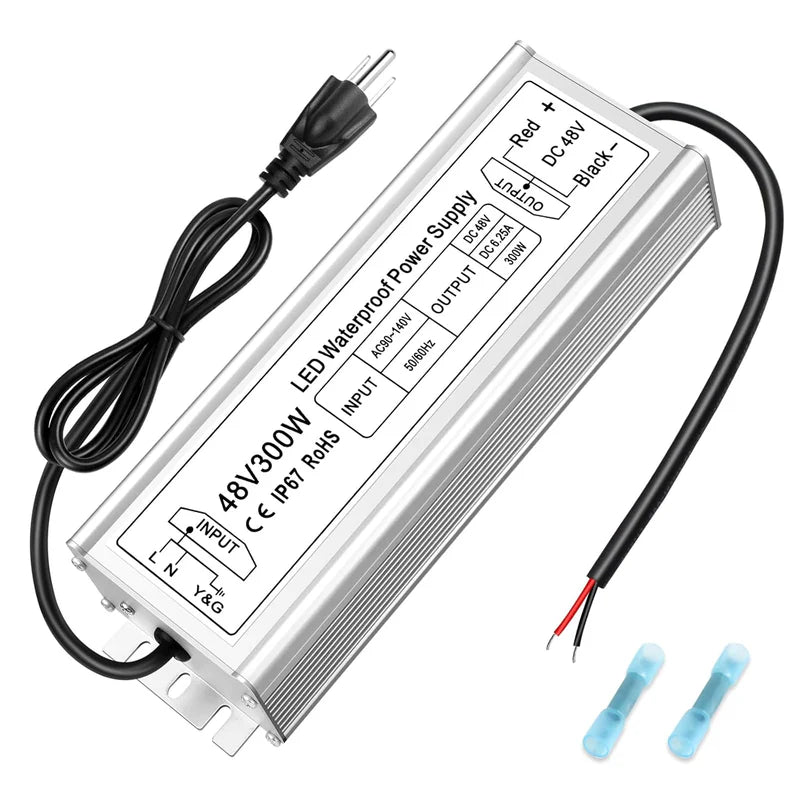 48V IP67 Waterproof LED Power Supply – 100W–400W Constant Voltage Transformer, 175–265V AC Input, Single Output SMPS, CE/RoHS/FCC Certified, UK/EU Plug & Wire Lead Options