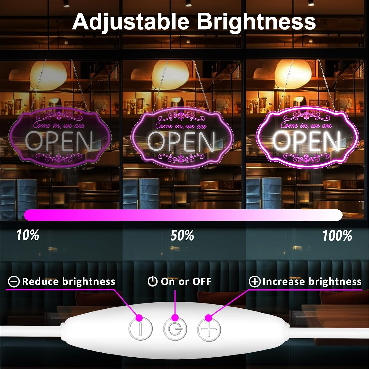 Come in We’re Open Silicone LED shop signs – Pink + White Glow | 16.5 × 10 inch | Window Hanging Business Sign | Plug & Play for Store Entrances, Retail Shops & Business Locations