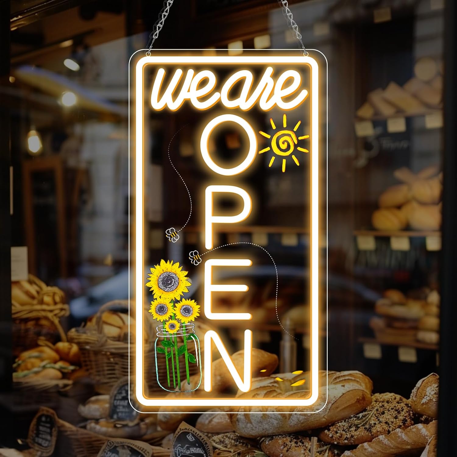 We Are Open Vertical Neon Sign – 17×9 / 23×12 inch | Warm White & White Glow | Window Hanging | Plug & Play for Storefronts