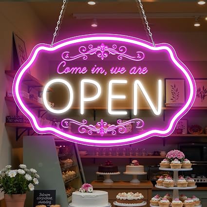 Come in We’re Open Silicone LED shop signs – Pink + White Glow | 16.5 × 10 inch | Window Hanging Business Sign | Plug & Play for Store Entrances, Retail Shops & Business Locations