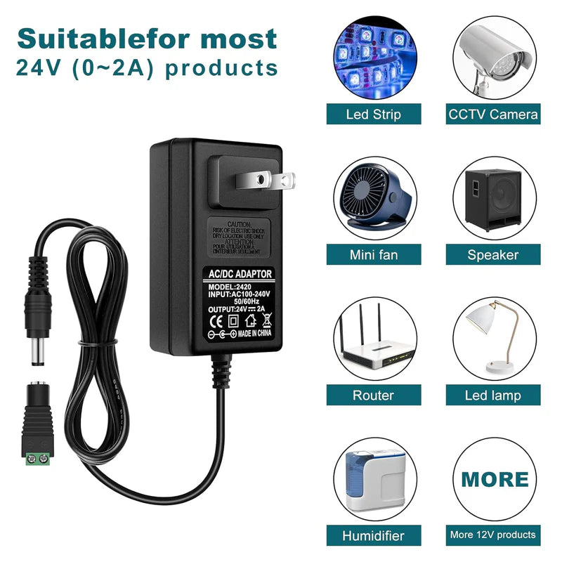 Power Supply Adapter DC 24V 48W–72W, AC 100–240V Switching Transformer LED Driver Wall Plug Charger with US Plug, Black Case for LED Strip Lights and Electronics