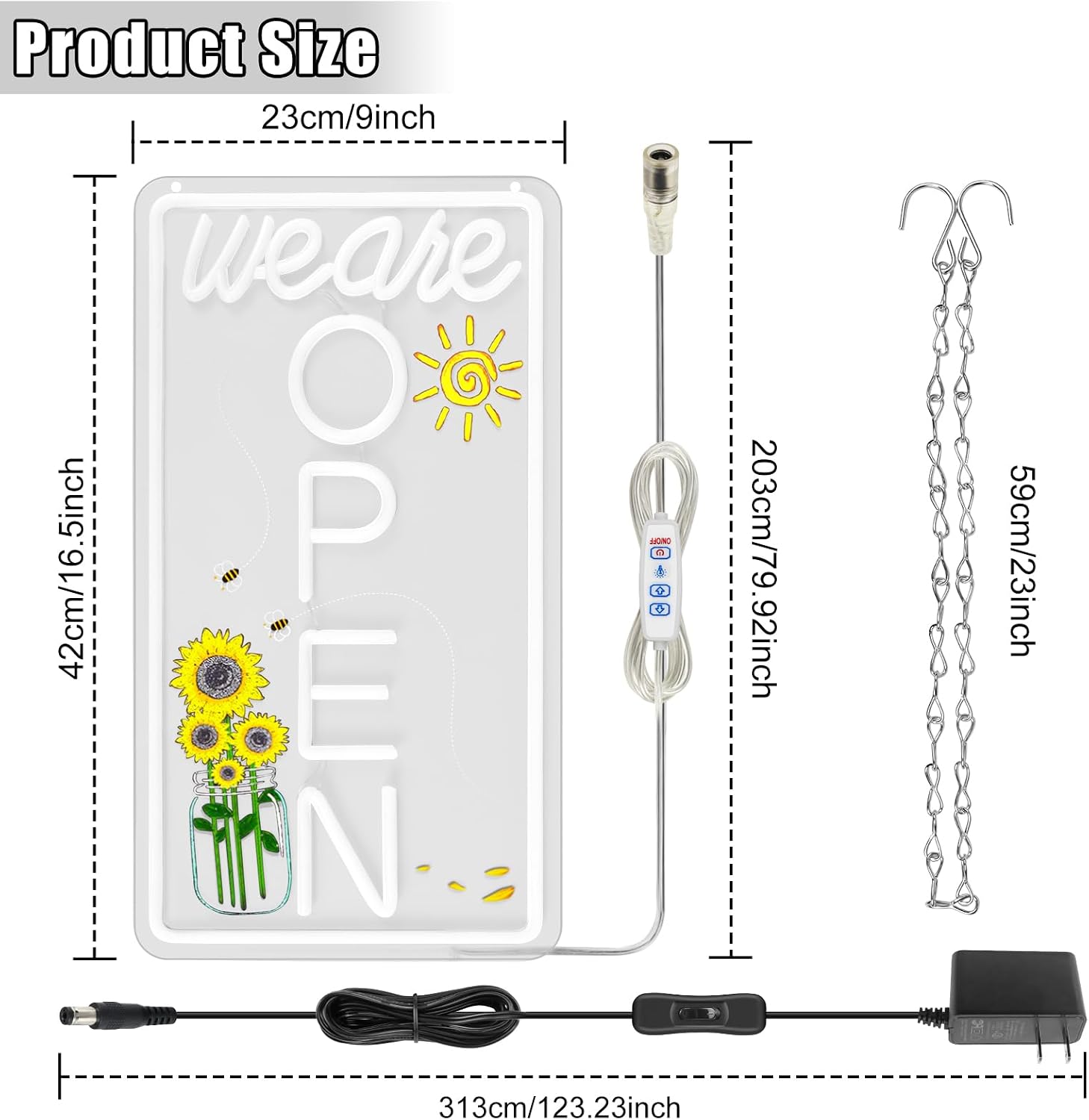 We Are Open Vertical Neon Sign – 17×9 / 23×12 inch | Warm White & White Glow | Window Hanging | Plug & Play for Storefronts