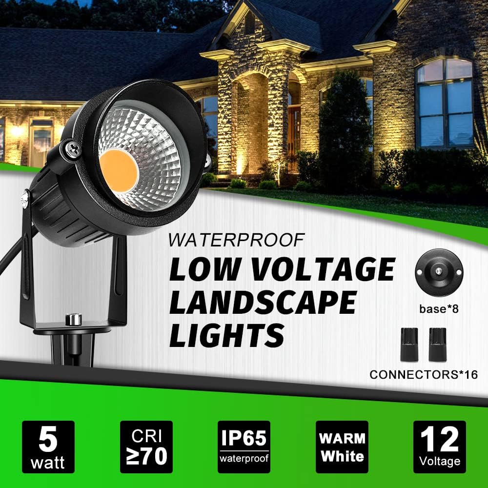 LightingWill 5W LED Landscape Lights, Warm White 3000K-3500K, Waterproof DC 12V COB LED Outdoor Wall Spotlight Low Voltage Garden Tree Spot Lighting for,Yard,Pathways,Fence (4 Pack)
