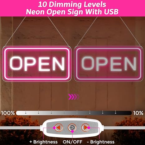 OPEN COB LED shop signs – Pink + White Glow | 22.8 × 11.8 inch (58 × 30 cm) | Horizontal / Vertical Style | 12V Powered Dimmable Window Hanging Light with US Plug for Cafes, Restaurants & Retail Shops