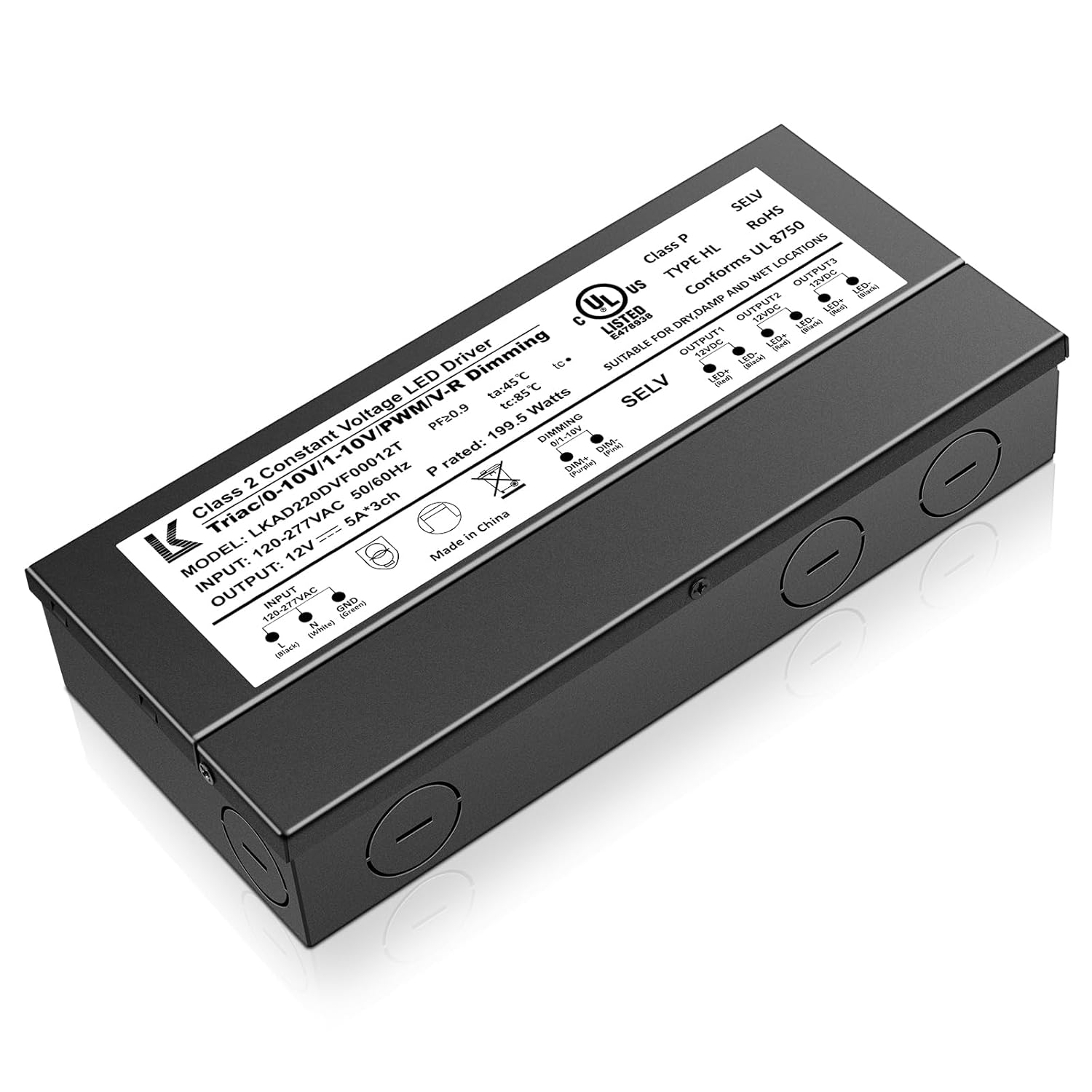 12V DC 5-in-1 Dimmable LED Power Supply – 60W / 100W / 200W UL Listed Waterproof LED Driver, AC 120–277V Input, Compatible with Triac / ELV / 0-10V / PWM / Resistive Dimming