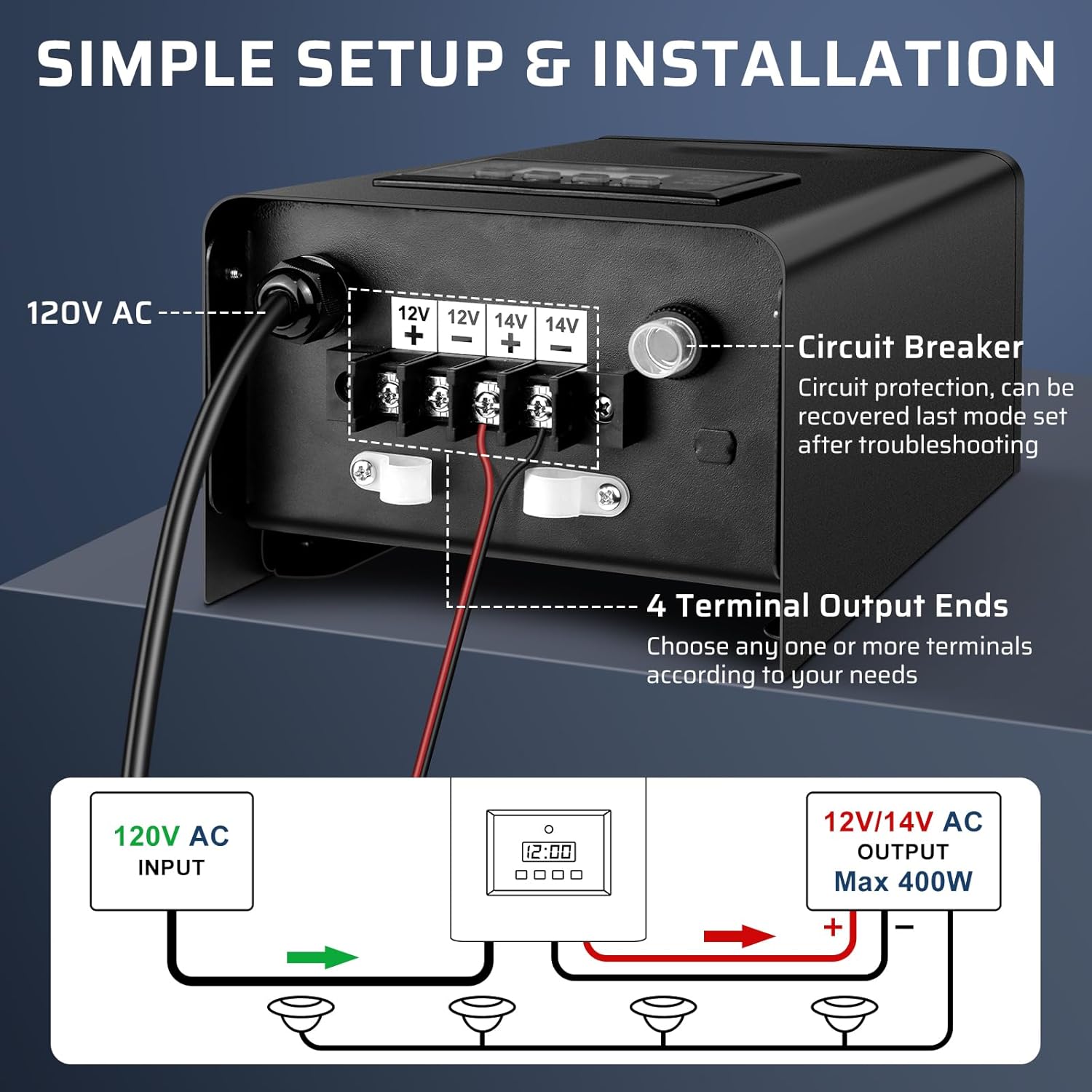 400W Low Voltage Landscape Transformer, Landscape Lighting Transformer with Timer and photocell Sensor, 120V AC to 12V/14V AC Outdoor Weatherproof Low Voltage Transformers for Landscape Lighting