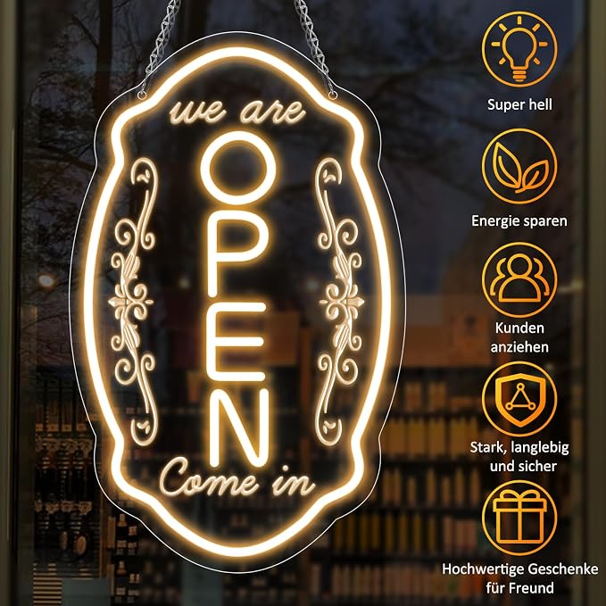 WE ARE OPEN COME IN LED Silicone LED shop signs – 16.5×10 Inch (42×25 cm) | 5V USB Powered Warm White Dimmable Light with Horizontal & Vertical Style for Cafes, Restaurants & Retail Shops
