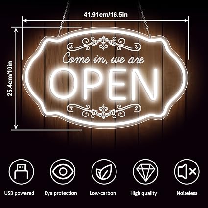 WE ARE OPEN COME IN LED Silicone LED shop signs – 23.5×14 Inch & 16.5×10 Inch | 5V USB Powered Dimmable Light with Engraved Back Design for Cafes, Restaurants & Retail Shops