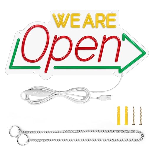 WE ARE OPEN Integrated LED shop signs – USB Powered | 16.1×7.8 inch | Arrow Shape LED Window Sign | Yellow + Red + Green Glow for Cafes, Restaurants & Retail Shops