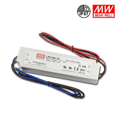 MEANWELL LPV Series 100W IP67 Waterproof Switching Power Supply, 12V/24V DC Output, AC90-264V Input, UL/CE Certified, Plastic Housing, Outdoor Power Supply