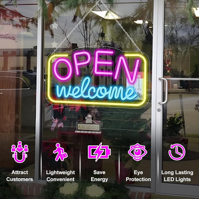 OPEN Welcome LED Silicone LED shop signs – 16×9 Inch (41×23 cm) Horizontal Style | USB Powered Pink, Blue & Yellow Glow Light for Cafes, Restaurants & Retail Shops