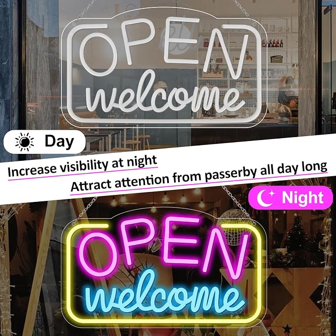 OPEN Welcome LED Silicone LED shop signs – 16×9 Inch (41×23 cm) Horizontal Style | USB Powered Pink, Blue & Yellow Glow Light for Cafes, Restaurants & Retail Shops