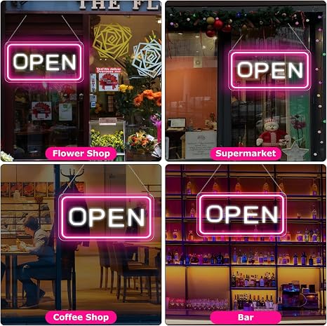 OPEN COB LED shop signs – Pink + White Glow | 22.8 × 11.8 inch (58 × 30 cm) | Horizontal / Vertical Style | 12V Powered Dimmable Window Hanging Light with US Plug for Cafes, Restaurants & Retail Shops