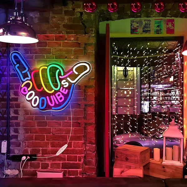 Good Vibes LED Sign – Shaka Hand Sign | USB Neon Light for Wall Decor | 17×13 inch | Hanging | Ideal for Bedroom, Dorm, Lounge, Party