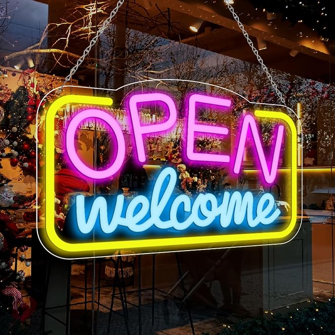 OPEN Welcome LED Silicone LED shop signs – 16×9 Inch (41×23 cm) Horizontal Style | USB Powered Pink, Blue & Yellow Glow Light for Cafes, Restaurants & Retail Shops