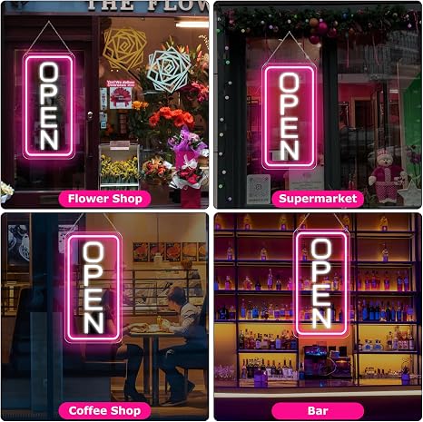 OPEN COB LED shop signs – Pink + White Glow | 22.8 × 11.8 inch (58 × 30 cm) | Horizontal / Vertical Style | 12V Powered Dimmable Window Hanging Light with US Plug for Cafes, Restaurants & Retail Shops