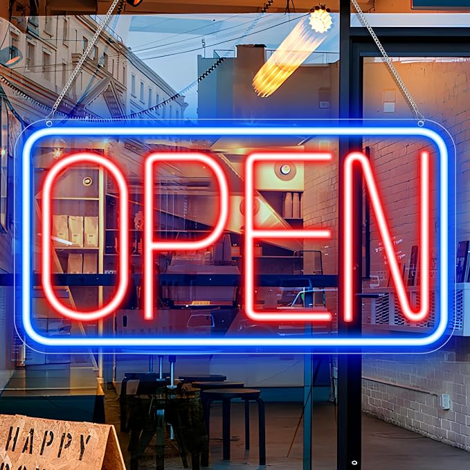 OPEN Silicone LED shop signs – USB Powered | 16×9 inch | Blue + Red Glow | LED Window Hanging Light for Cafes, Restaurants & Retail Shops