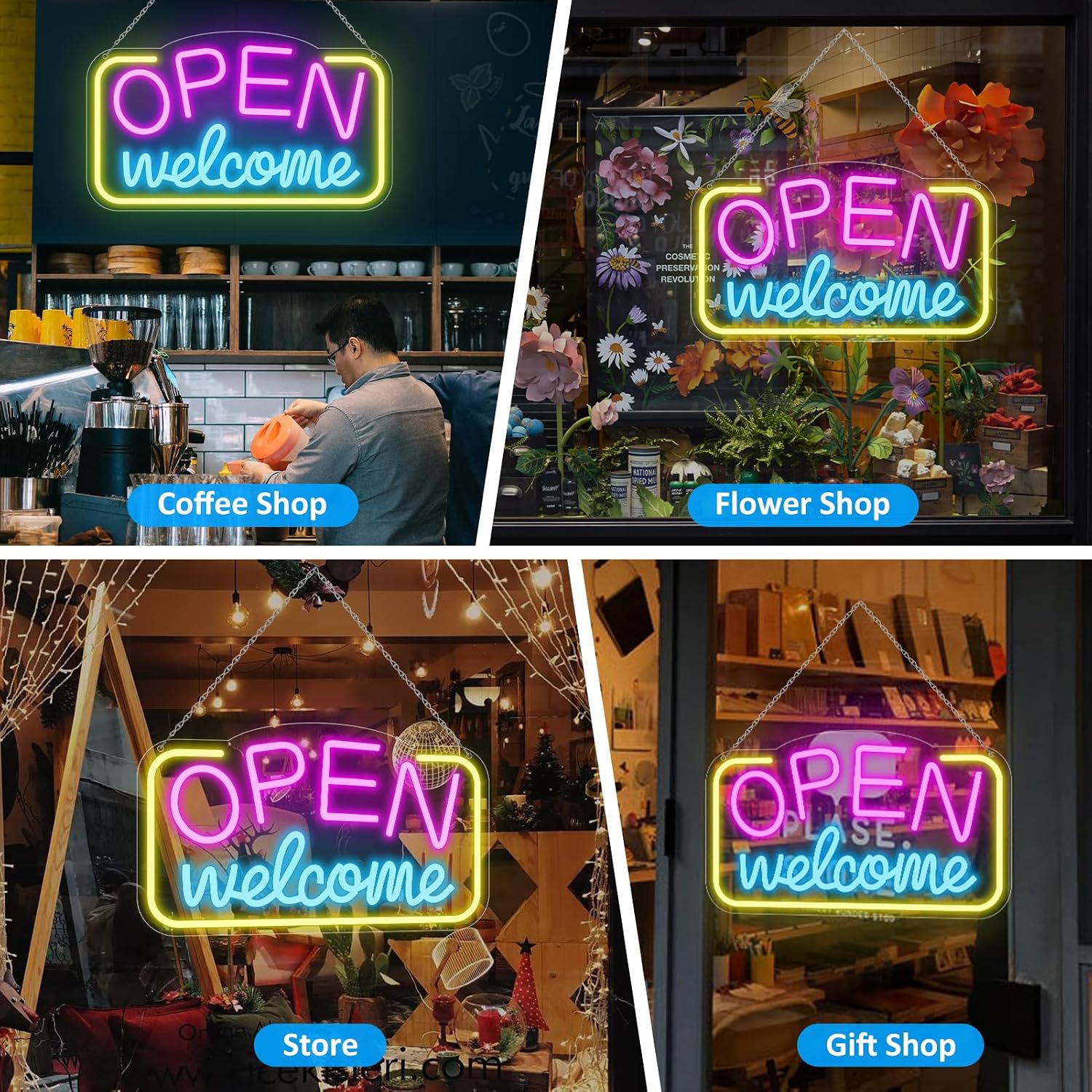 OPEN Welcome LED Silicone LED shop signs – 16×9 Inch (41×23 cm) Horizontal Style | USB Powered Pink, Blue & Yellow Glow Light for Cafes, Restaurants & Retail Shops