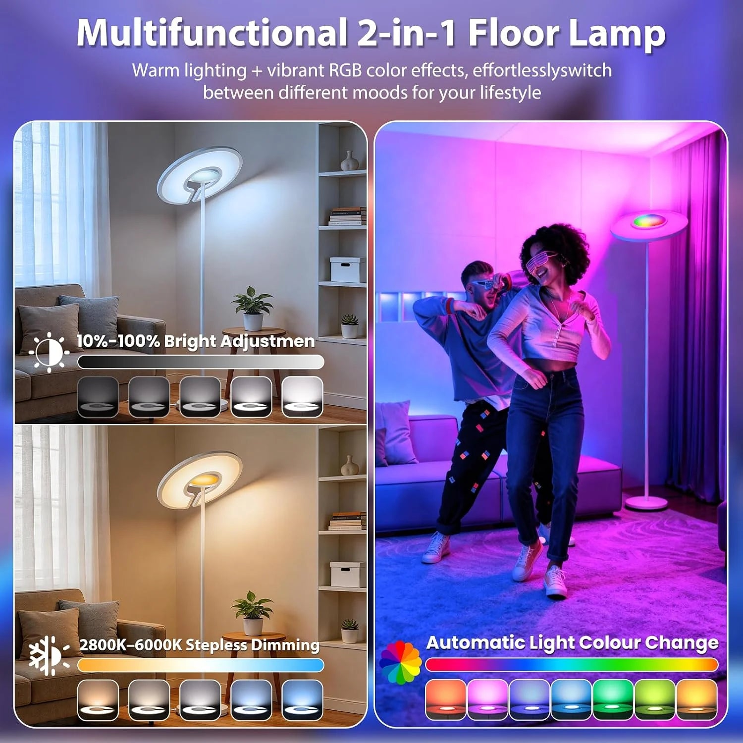 RGB Floor Lamp | LED Standing Lamp with RGB Ambient Light | Ambient Floor Lamp with 2800-6000K Adjustable Light | Remote Control | 2M Tall for Living Room Bedroom Office | US Stock