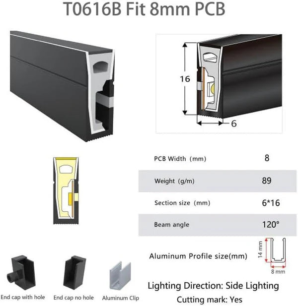 S0616 Black Side Edge Lighting Neon Light Housing – 6x16mm | Silicone LED Channel System | 8mm PCB Width | IP67 Waterproof | 16.4FT/5M*1/16.4FT/5M*5 | Local Stock US/UK/DE