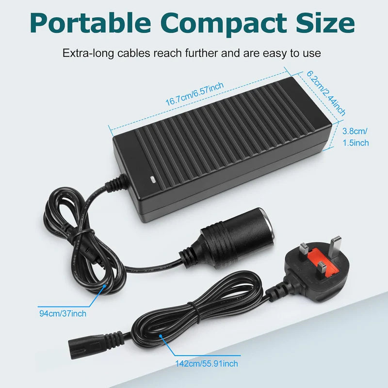 Cigarette Lighter Desktop Power Supply Adapter DC 12V 60W–120W, AC 100–240V Input Converter Transformer with US/UK Plug for Car Accessories, Air Pump, Cooler, Electronics