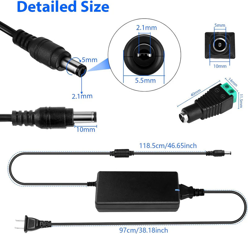 Desktop Power Supply Adapter DC 24V 60W–120W, AC 100–240V Input Switching Transformer Charger with US Plug for LED Strip Lights, 3D Printers, CCTV, Electronics
