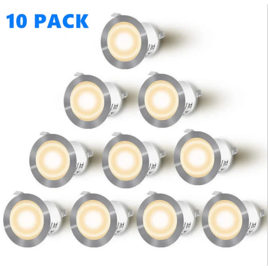 10-Pack Recessed LED Deck Lights – Warm White / Natural White | 0.6W Each | AC100–265V Input with Power Adapter | US / EU / UK / AU Plug Options | IP67 Waterproof Inground Step Lights Kit for Deck, Garden, Yard, Stairs & Pathway Lighting